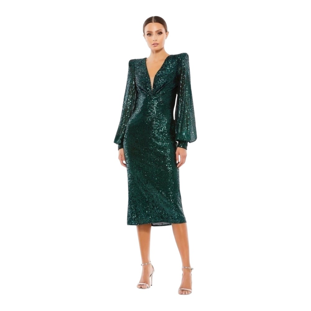 Ieena for Mac Duggal Sequin Mesh Plunge Midi Dress Black Emerald Size 4 – NWT